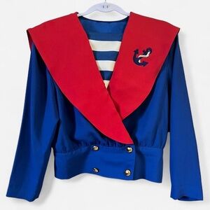 Vintage 1980s Nautical Cropped Sailor Collar Navy Top Jacket Blue Red Gold Satin